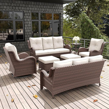 LayinSun 7 Pieces Outdoor Patio Furniture Set, Rattan Wicker Sectional Swivel Rocker Chairs Sets with Ottomans, Swivel Glider Chairs and Coffee Table