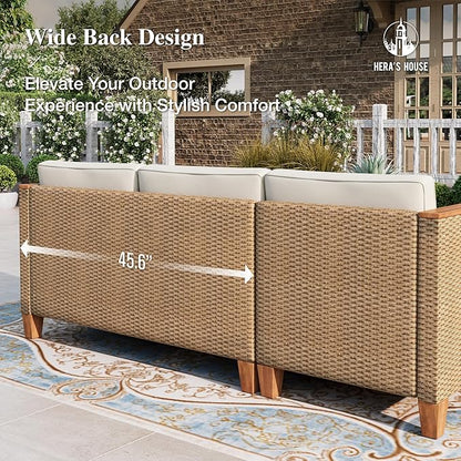 HERA'S HOUSE Small Patio Furniture Set, All Weather 3 Pieces Wicker Outdoor Sectional Set,Yellow Rattan Conversation Set with Lounge Sofa and Coffee Table for Lawn, Garden
