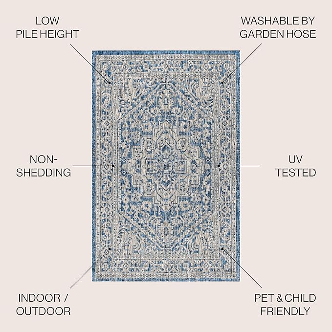 JONATHAN Y Medallion Weave Indoor Outdoor Area Rug 5X8 Navy/Gray, Sinjuri Textured for Backyard, Patio, Porch, Easy-Cleaning, High Traffic, Pet-Friendly, Non-Shedding (SMB101B-5)
