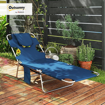 Outsunny Chaise Lounge Chair Outdoor with Face Arm Hole, 5-Position Reclining Face Down Tanning Chair with Carry Strap, Side Pocket, Portable Folding Bed Cot for Patio Beach Pool, Dark Blue