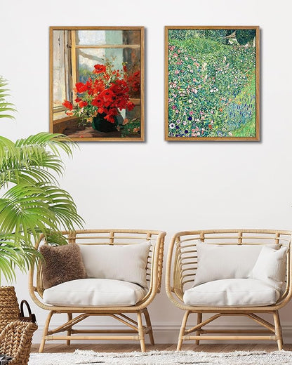 UPWOIGH 16x24 in Large Framed Wall Art, Gustav Klimt Green Botanical Oil Painting Canvas, Vintage Italian Garden Floral Landscape, Retro Moody Wall Decor for Living Room Bedroom, 1 Pack Gift