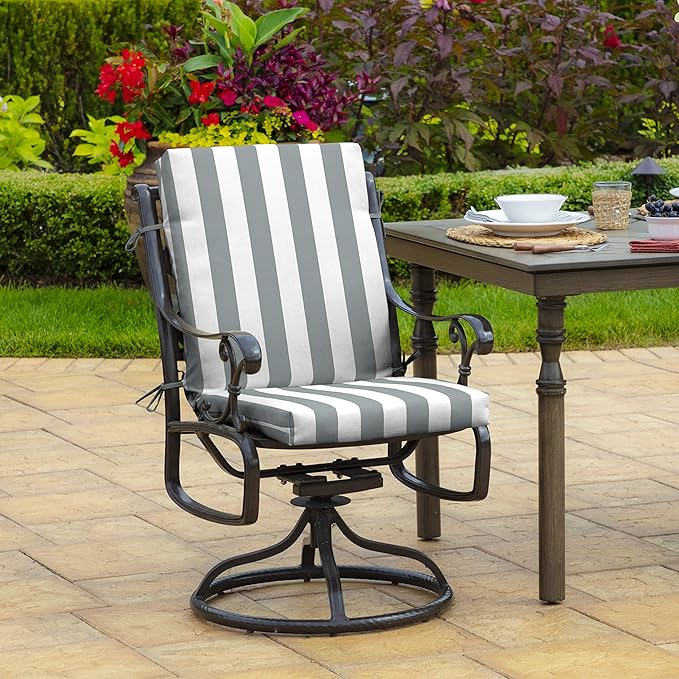 Arden 2-Pack Outdoor Patio Dining Chair Cushion, 20x44, Rain-Proof Seat Pad, Fade-Resistant Outdoor Cushion Stone Grey Cabana Stripe