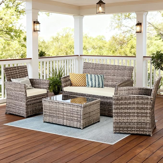 4 Piece Patio Furniture Set, Outdoor Wicker Conversation Set, Rattan Sectional Sofa Couch with Glass Coffee Table & Thick Cushion for Backyard, Porch, Garden, Poolside, Grey/Beige