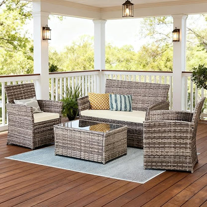 4 Piece Patio Furniture Set, Outdoor Wicker Conversation Set, Rattan Sectional Sofa Couch with Glass Coffee Table & Thick Cushion for Backyard, Porch, Garden, Poolside, Grey/Beige