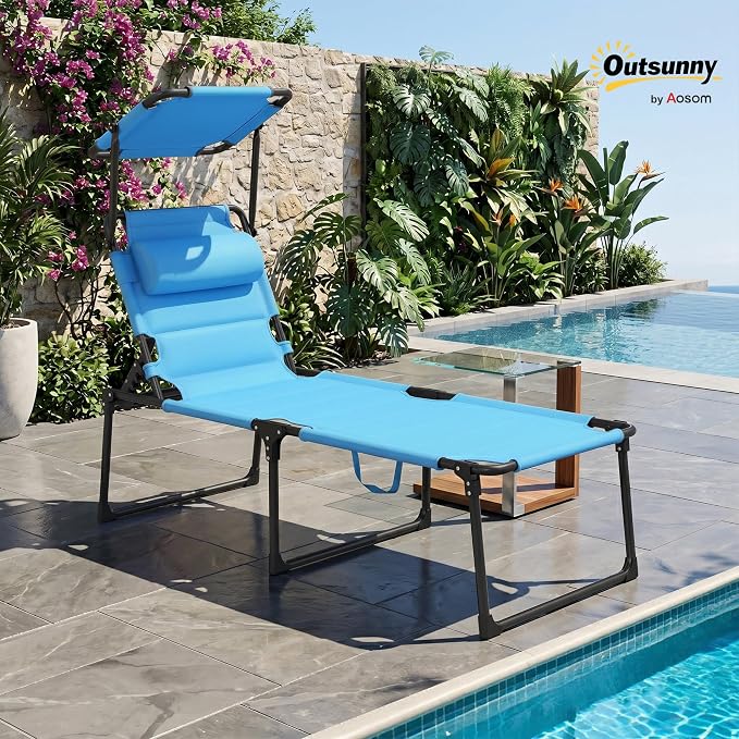 Outsunny Outdoor Lounge Chair, Adjustable Backrest Folding Chaise Lounge, Cushioned Tanning Chair with Sunshade Roof & Pillow Headrest for Beach, Camping, Hiking, Light Blue