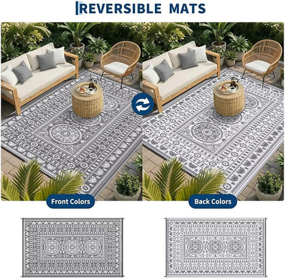 Garvee Reversible Outdoor Rug 6x9 for Patio, Waterproof Outdoor Area Rug, Modern Medallion Indoor Outdoor Rugs, Plastic Straw Rug for RV, Camping, Deck, Vintage Grey