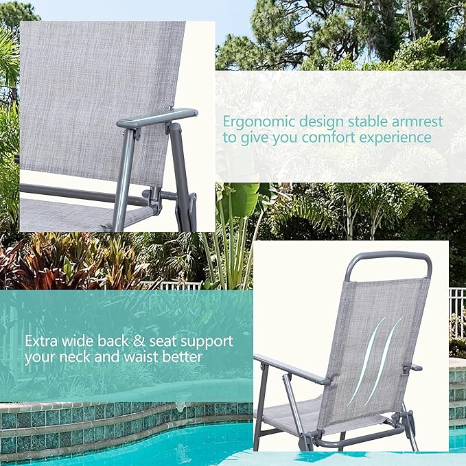 Vongrasig 6 Pieces Folding Patio Dining Set, All Weather Small Metal Outdoor Table and Chair Set, Garden Patio Furniture Set w/Umbrella, Glass Table & 4 Folding Chairs for Lawn, Backyard, Silver