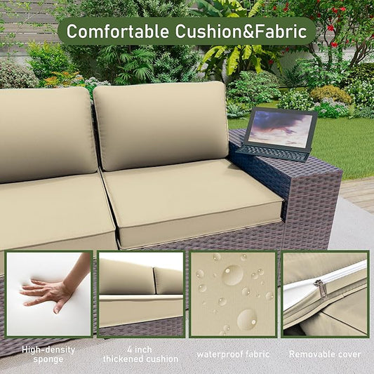 12PCS Outdoor Patio Furniture Set,PE Rattan Wicker Patio Conversation Set with Washable Cushions & Glass Coffee Table,Patio Sectional Furniture Set for Garden, Poolside, Backyard,Sand