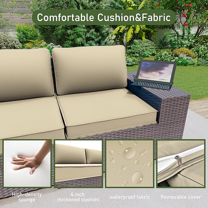 6PCS Outdoor Patio Furniture Set,PE Rattan Wicker Patio Conversation Set with Washable Cushions & Glass Coffee Table,Patio Sectional Furniture Set for Garden, Poolside, Backyard,Sand