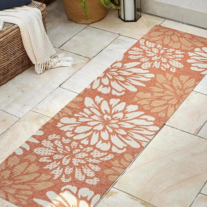 JONATHAN Y Floral Textured Weave Indoor Outdoor Runner Rug 2X8 Orange/Cream, Zinnia Modern for Backyard, Patio, Porch, Easy-Cleaning, High Traffic, Pet-Friendly, Non-Shedding (SMB110E-28)