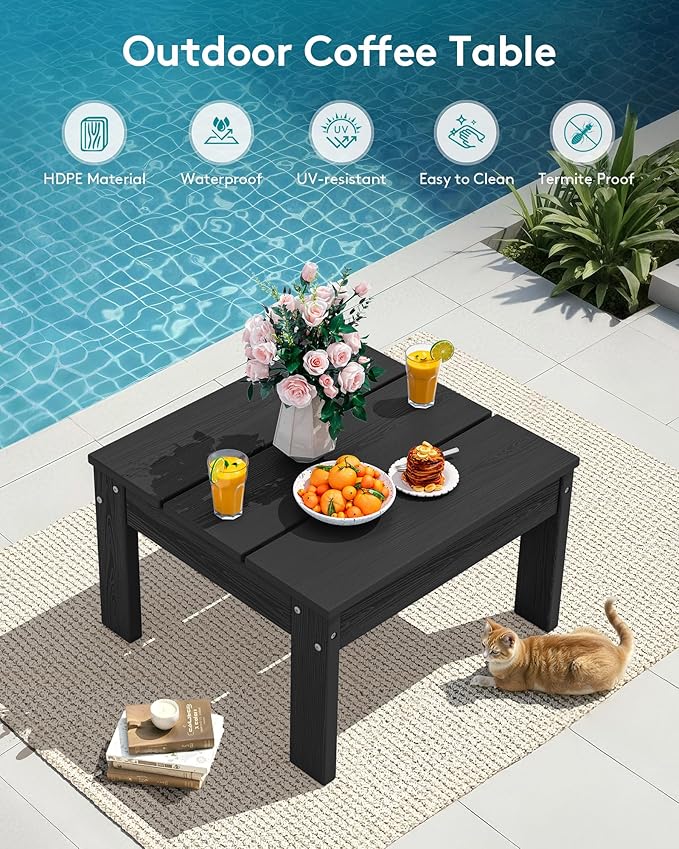 SERWALL HDPE Outdoor Furniture Set, Loveseat and Coffee Table, All Weather Patio Sofas, Seats 2, Outdoor Sectional Sofa for Backyard, Balcony, Black Frame with Grey Cushion