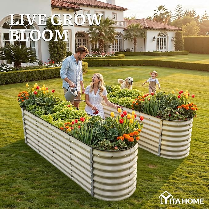 YITAHOME 8x2x2ft Large Raised Garden Bed Kit, 24" Tall 9 in 1 Galvanized Metal Planter Box with Gloves and Safety Rubber, Outdoor Above Ground Planters for Plants Vegetables Flowers, Cream Yellow