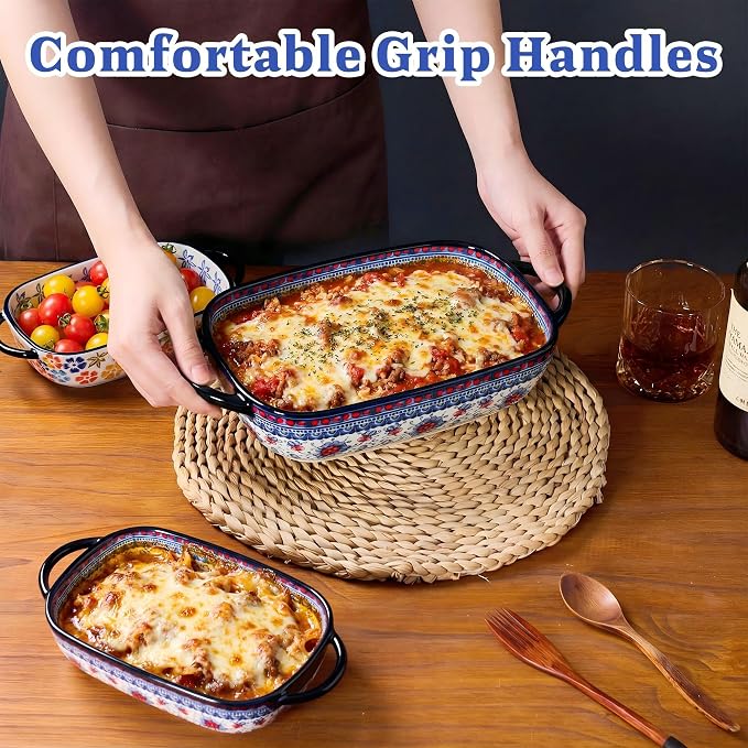 Ceramic Casserole Dishes for Oven, Hand-painted Polish Pottery Baking Dish Set of 2, 0.8QT / 2QT Porcelain Casserole Dishes with Handles, Baking Pan Lasagna Pan, Gift for Family/Friend (Blue)