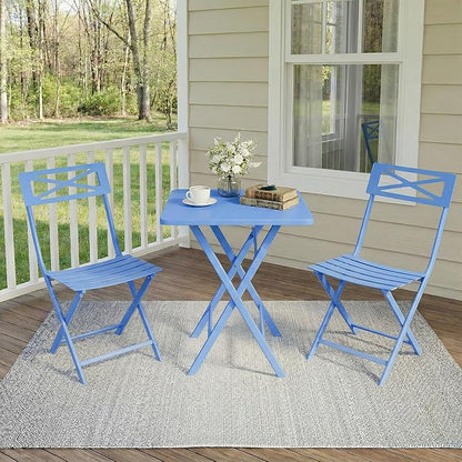 Outdoor Square Bistro Set 3 Piece, Blue Iron Tube Patio Furniture Set with Square Table & 2 Chairs, Foldable Steel Backyard Deck Porch Garden , Space Saving Outdoor Dining Set for Small Spaces