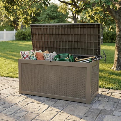 260 Gallon Deck Box, Waterproof Resin Outdoor Storage Box Lockable for Patio Furniture, Fade Resistant Patio Side Table & Organizer for Garden Tools, Pool Float, Outdoor Cushions, Light Coffee