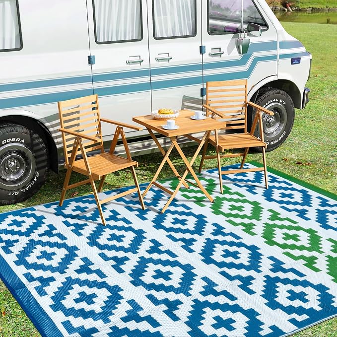 Anidaroel Camping Rug for Outside RV, 8x10 Waterproof Outdoor Rug for Patio Clearance, Reversible Plastic Straw Outside Area Rug for Deck, Camper, Backyard, Picnic(Blue&Green, 8‘x10')