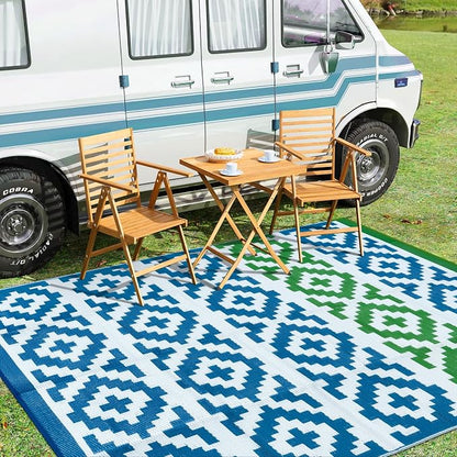 Anidaroel Camping Rug for Outside RV, 8x10 Waterproof Outdoor Rug for Patio Clearance, Reversible Plastic Straw Outside Area Rug for Deck, Camper, Backyard, Picnic(Blue&Green, 8‘x10')