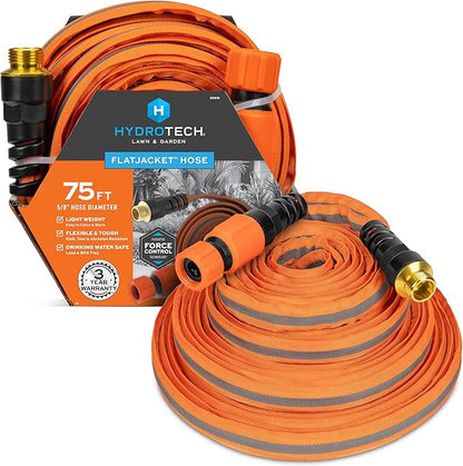 HydroTech FLATJACKET 5/8" 75 ft Flexible Garden Hose with Patented Force Control Technology - Kink-Free, Lightweight Design for Lawn Care, Gardening, Car Washing, and Outdoor Cleaning