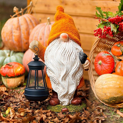 TERESA'S COLLECTIONS Fall Decor, Fall Gnome Decor, Autumn Garden Gnomes Holding Lantern with Solar Lights,Waterproof Resin Outdoor Fall Decor, Fall Gifts Outdoor/Indoor,8"