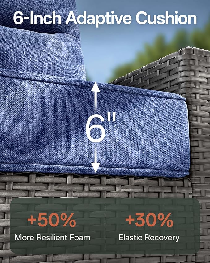 Luxury 8-Piece Patio Furniture Set with 6-Inch Thick Cushions, Outdoor Couch and Swivel Rocker Chairs, Wicker Conversation Set for Porch, Deck, Yard, Pool in Blue