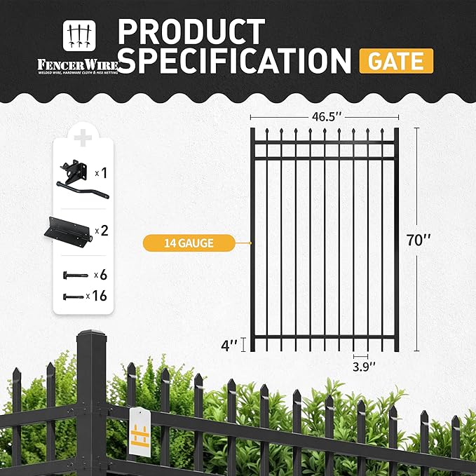 Fencer Wire Heavy Duty Pinnacle Fence Gate, 6FT Height x 4FT Width Outdoor Fence Gate, Outdoor Anti-Rust Metal Steel Gate for Fencing Barrier, Decorative Garden Gate with Gate Lock