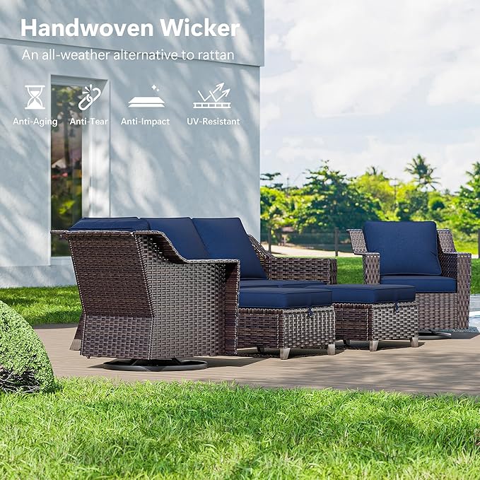 4 Pieces Wicker Patio Furniture, Luxury Outdoor Furniture with 2 Patio Swivel Chai and 2 Patio Ottoman, Wide Armrest, Thickened Cushions, Ideal for Deck, Porch Use