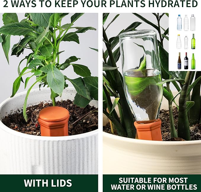 Soilagua Large Terracotta Watering Spikes with Lids, Automatic Plant Waterer Outdoor | Indoor, Vacation Friendly Clay Plant Watering Devices System, Slow Release Self Watering Planter Insert, 6 Pack