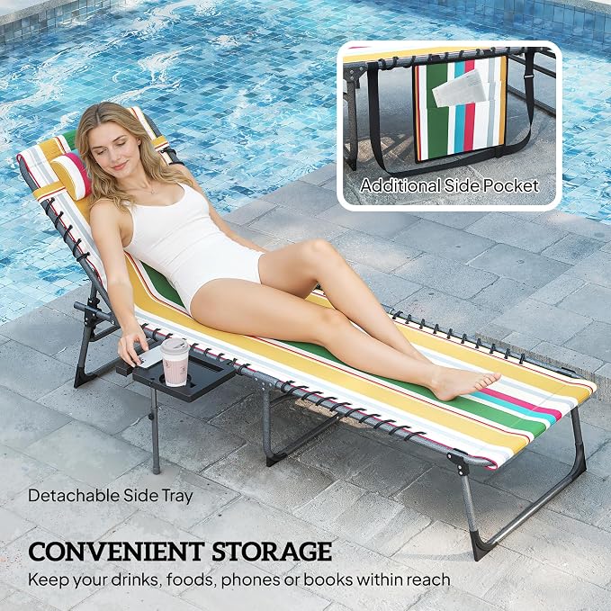 Outsunny Folding Chaise Lounge Chair Outdoor Tanning Chair Mixed Color | Side Table, 5-Level Adjustable Beach Lounger, Headrest, Side Pocket, Patio Backyard Beach Poolside