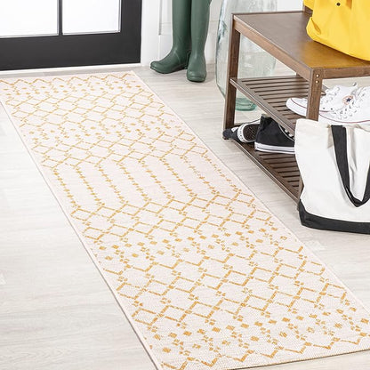 JONATHAN Y Moroccan Geometric Indoor Outdoor Runner Rug 2X10 Cream/Yellow, Ourika Textured Weave for Backyard, Patio, Porch, Easy-Cleaning, High Traffic, Pet-Friendly, Non-Shedding (SMB108J-210)
