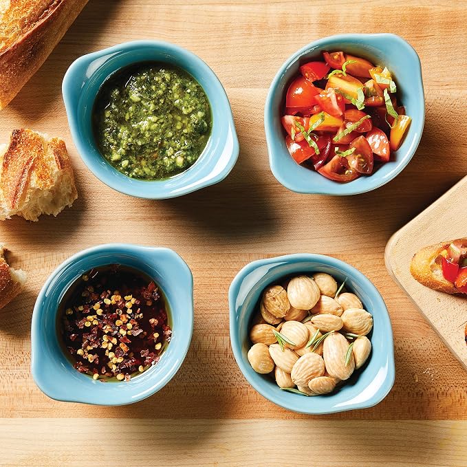 Rachael Ray Solid Glaze Ceramics Round Ramekins/Dipping Cup Set, 4 Piece, Agave Blue (Pack of 3)