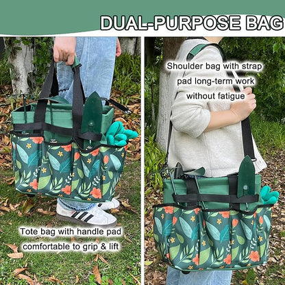 Standable Garden Tool Bag for Women, Oxford Multi-Pocket Gardening Tote with Hard Bottom & Adjustable Shoulder Strap
