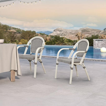 PURPLE LEAF French Bistro Chairs Set of 2 Aluminum Hand-Woven Rattan Wicker Dining Chairs with Arms for Outdoor Porch Garden White Print Finish Grey