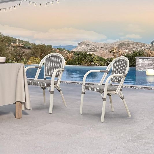 PURPLE LEAF French Bistro Chairs Set of 2 Aluminum Hand-Woven Rattan Wicker Dining Chairs with Arms for Outdoor Porch Garden White Print Finish Grey