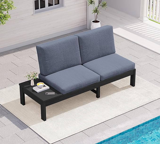 SERWALL HDPE Outdoor Loveseat Set, All-Weather Modular Patio Sofa, Sectional Seating for Backyard or Balcony, Garden, Black Frame with Grey Cushion