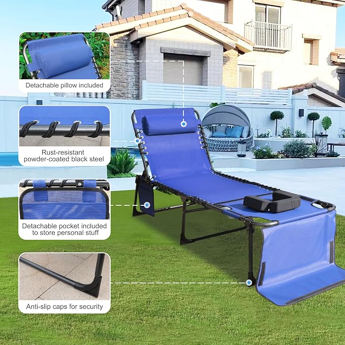 Outdoor Chaise Lounge Chair with Face Hole and Arm Hole, Tanning Chair with 5 Position Adjustable Back, Foldable Lounge Chair with Detachable Pocket and Pillow for Beach, Pool, Blue