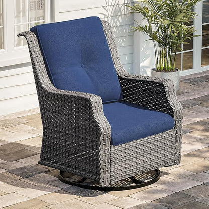 Outdoor Swivel Rocker Patio Chair - 360 Degree Patio Swivel Glider Chair with 3.5" Premium Olefin Fabric Cushions(Mixed Grey/Blue)