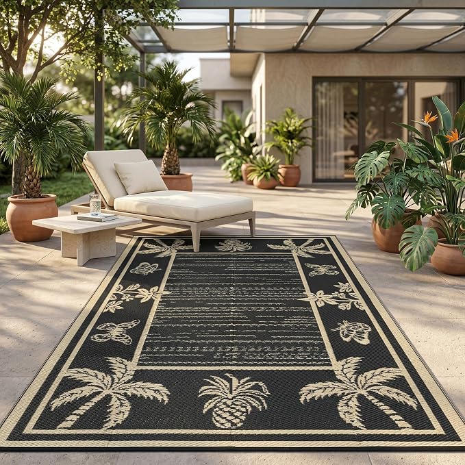 Garvee Outdoor Rug 5x8 Waterproof for Patios, Reversible Plastic Straw Rug, Tropical Leaf Indoor Outdoor Rugs, Large Area Rug for RV, Camping, Deck, Picnic Mat, Outside Carpet, Black & Brown