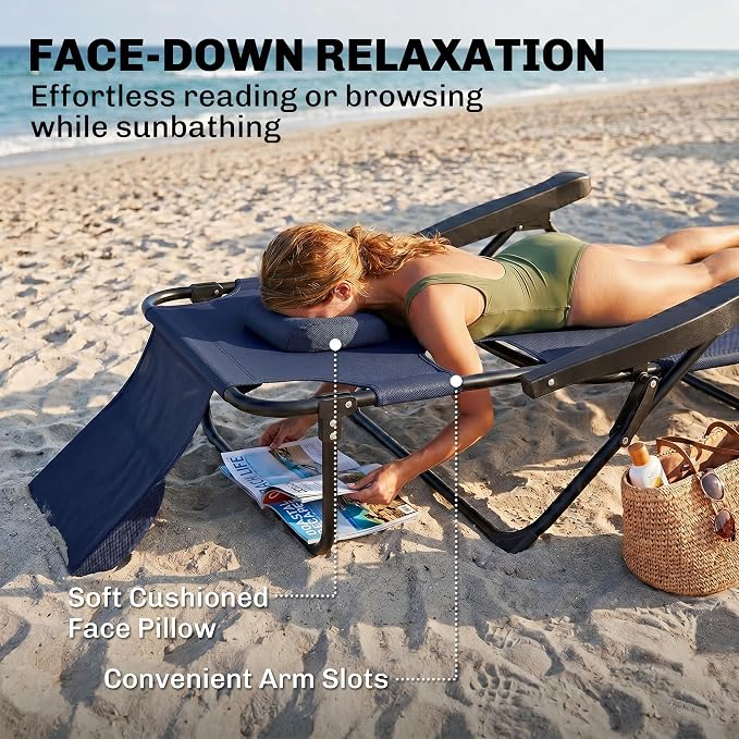 Outsunny Tanning Chaise Lounge Chair, 4-Position Beach Chair with Face & Arm Holes, Pillow headrest, Adjustable Sunbathing Chair, Navy Blue