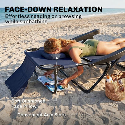 Outsunny Tanning Chaise Lounge Chair, 4-Position Beach Chair with Face & Arm Holes, Pillow headrest, Adjustable Sunbathing Chair, Navy Blue