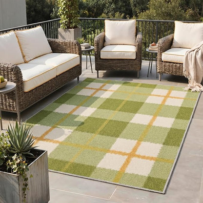 GENIMO Outdoor & Indoor Area Rug 5'x7', Waterproof, Non-Shedding, Easy Cleaning, Plaid Pattern Mat for Patio, Entryway, Porch, Living Room, Bedroom, Outside Carpet, Sage Green