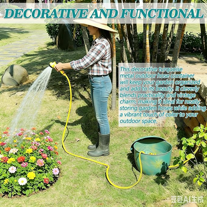Vintage Blue Metal garden Hose Holder Storage Pot with Sunflower Decor,Holds up to 100ft Hoses.
