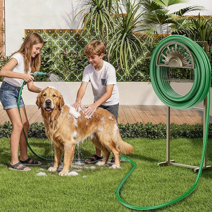 GOFORWILD Garden Hose Reel Winding Reel- Freestanding Water Hose Stand with Storage Basket, Holds 150ft of 5/8 Hose for Outside Patio Yard Lawn with 2 Hooks