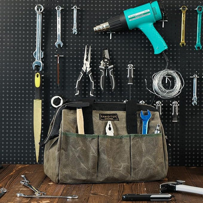 15 Inch Tool Bag, Heavy Duty Wide Mouth Water-Resistant Tool Bag, Tool Tote with Handle for Tools, Wrenches, Screwdrivers (15 X 7.8 X 11.5 inch) | ArmyGreen