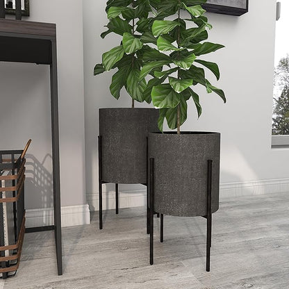 Deco 79 Metal Indoor Outdoor Planter Textured Exterior Large Planter Pot with Removable Stand, Set of 2 Planters 19", 23"H, Gray