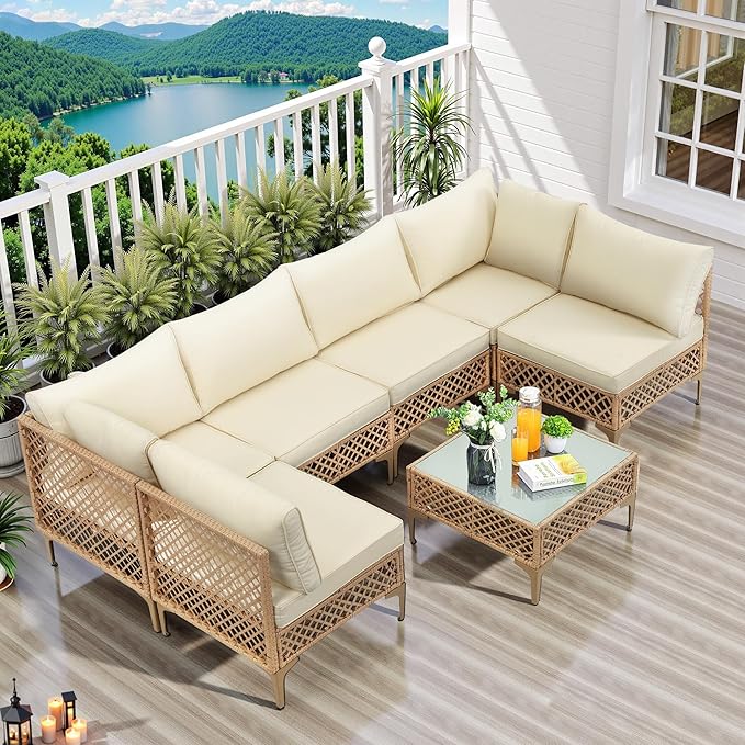 FHFO 7 Piece Outdoor Wicker Patio Furniture Set, Rattan Sectional Sofa Couch, Patio Conversation Set with Cushion & Coffee Table, for Backyard Poolside Porch Garden, Yellow/Beige