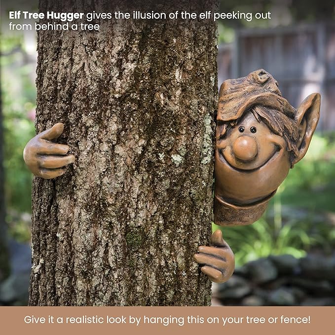 Bits and Pieces - Elf Tree Hugger - Yard Decorations - Whimsical Tree Sculpture - Garden Decoration - Garden Peeker Yard Art