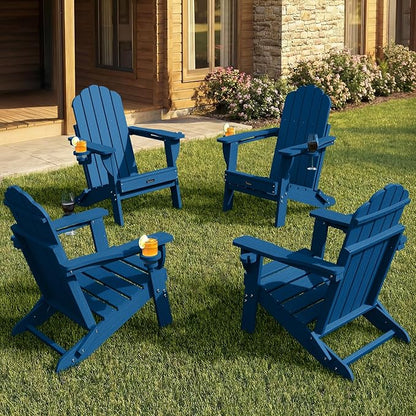 Adirondack Chairs Set of 4, HDPE Fire Pit Chairs, Plastic Adirondack Chairs with 2 Cup Holder, Outdoor Lawn Chair for Patio Garden, Navy Blue
