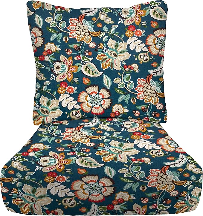 RSH DECOR: Deep Seating Cushion with Pillow Back | 23” x 26” Seat | All-Weather Spun Fabric | Water and Fade-Resistant | Outdoor Chair Cushion Set for Patio Furniture | Telfair Peacock - Made in USA