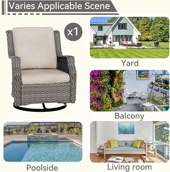 Swivel Patio Chair Outdoors - 360 Degree, Glider Chair with 3.5" Olefin Fabric Cushions (Mixed Grey Rattan/Beige)
