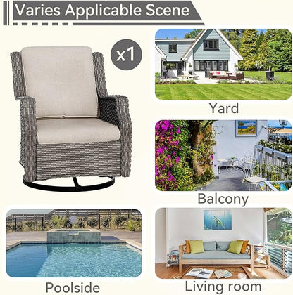 Swivel Patio Chair Outdoors - 360 Degree, Glider Chair with 3.5" Olefin Fabric Cushions (Mixed Grey Rattan/Beige)